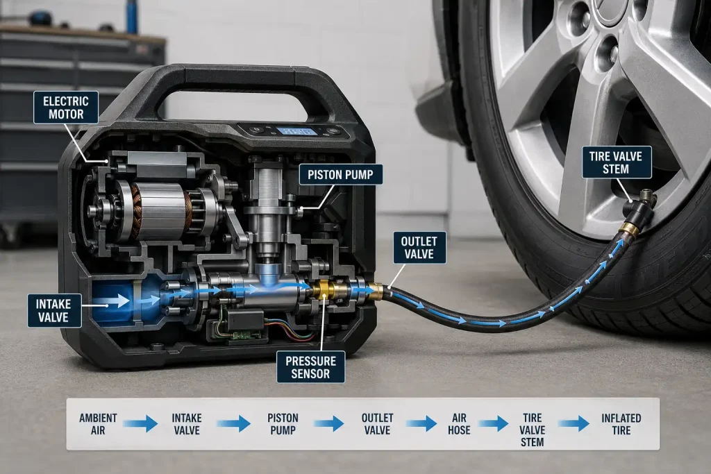 How does a tire inflator work internal air compression diagram
