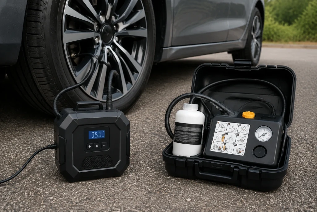 Air compressor and sealant kit showing whether it is safe to drive after using tire inflator