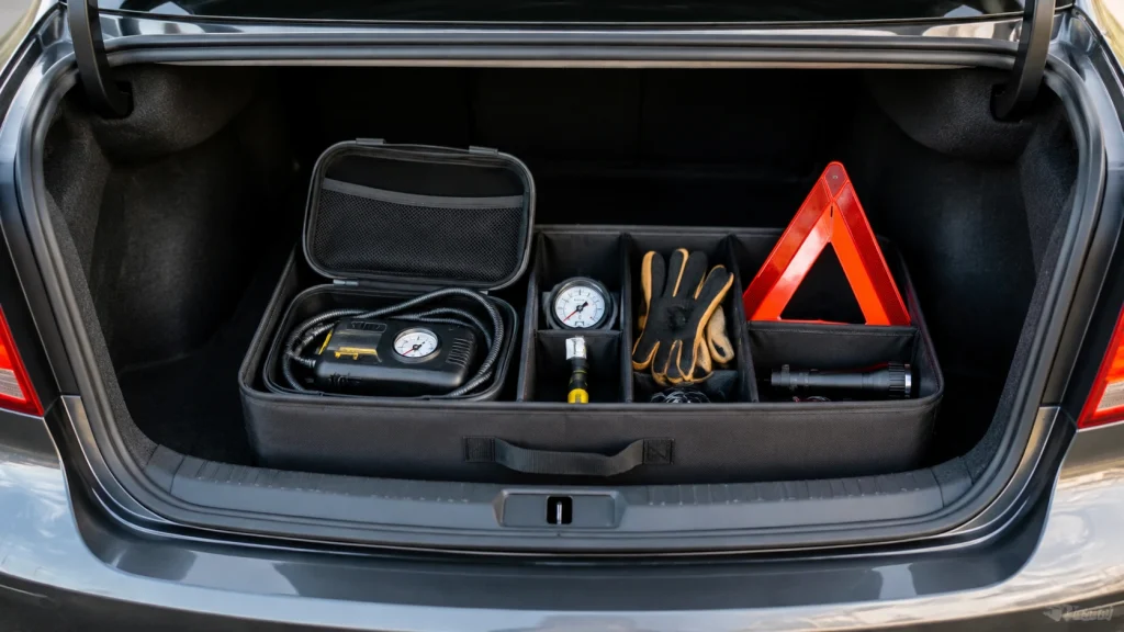 How to store tire inflator in car using a protective case and trunk organizer