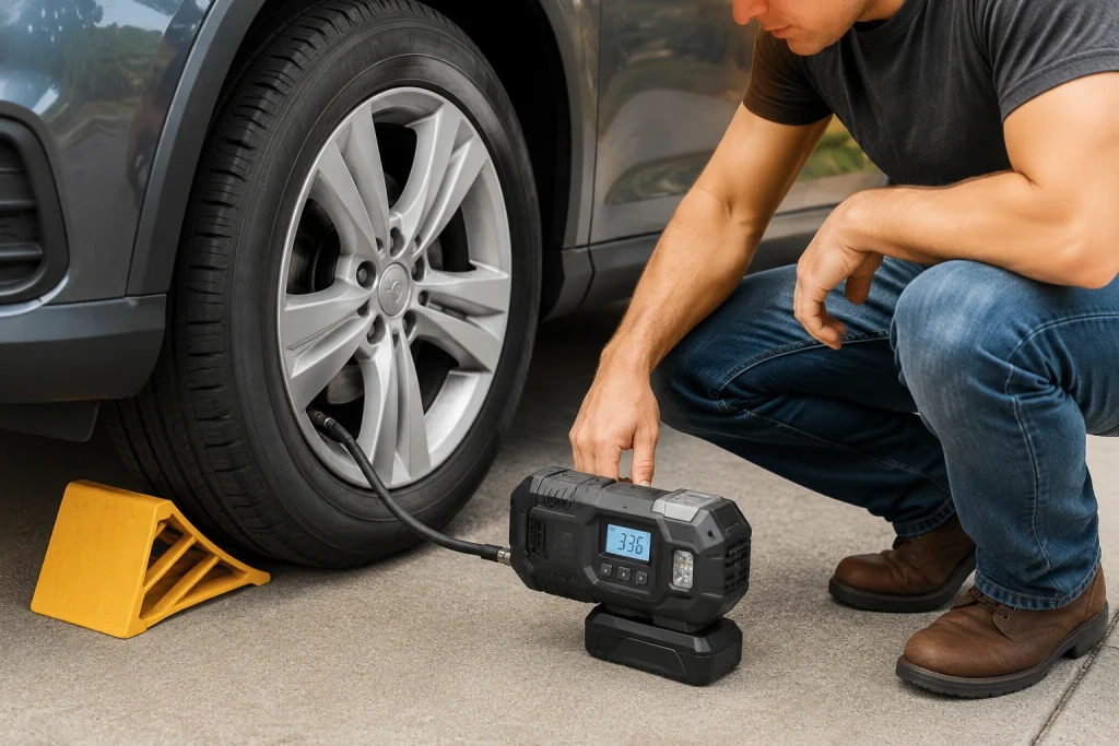 Cordless tire inflator connected to a passenger car tire