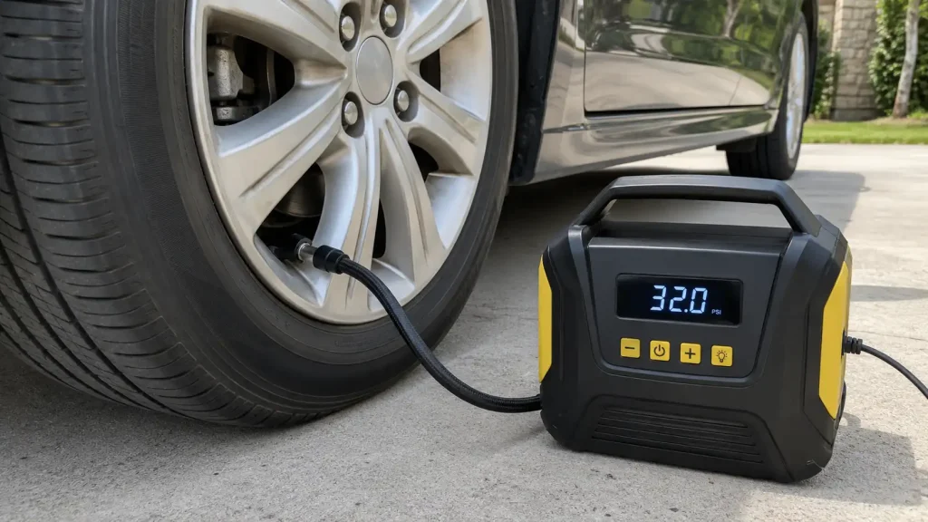 How to inflate a flat tire with portable air compressor connected to valve stem