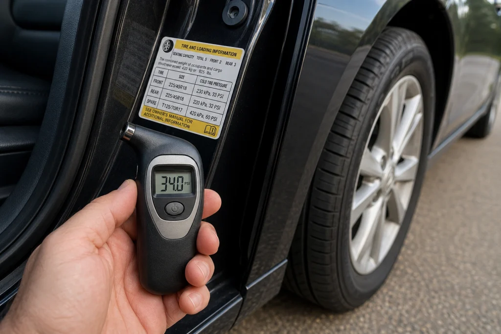 How to read tire pressure gauge using the driver-side door-jamb PSI label