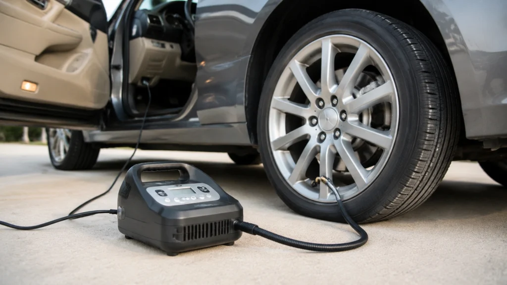 12V tire inflator safely connected to a passenger car tire