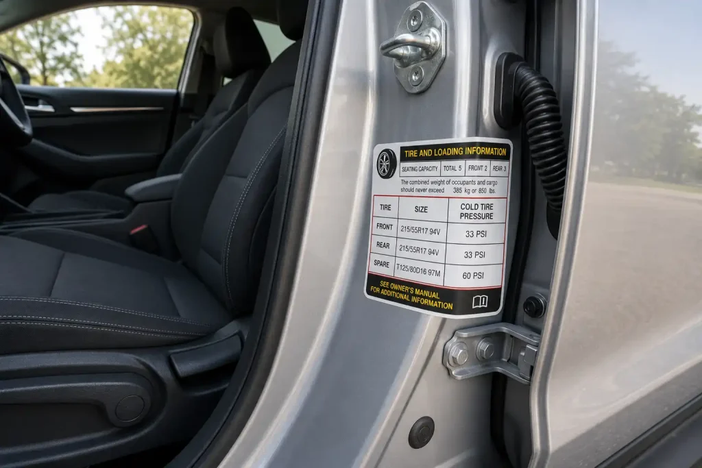 Driver door placard showing how much PSI car tires should have