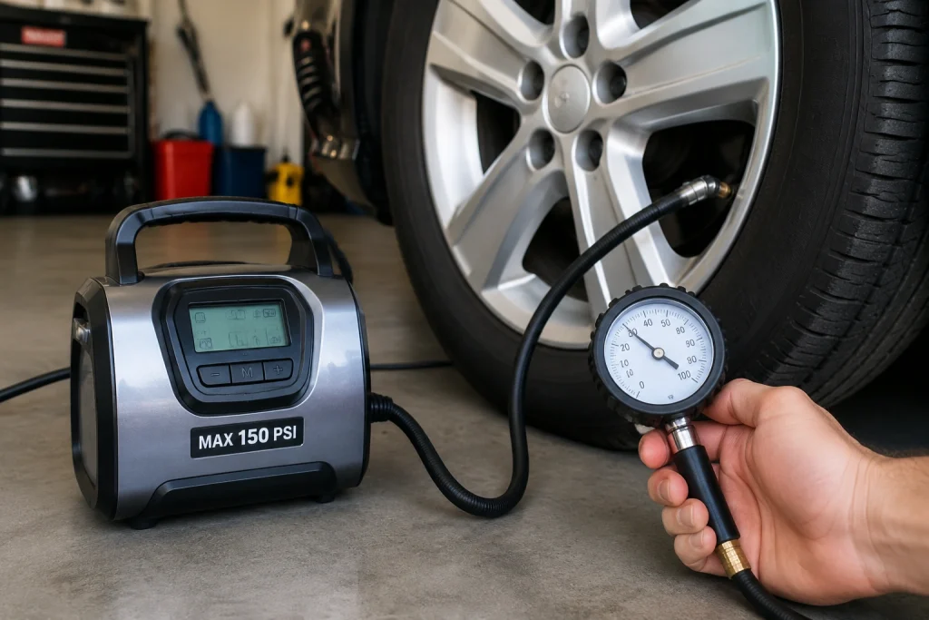 What is maximum PSI in tire inflator compared with recommended car tire pressure