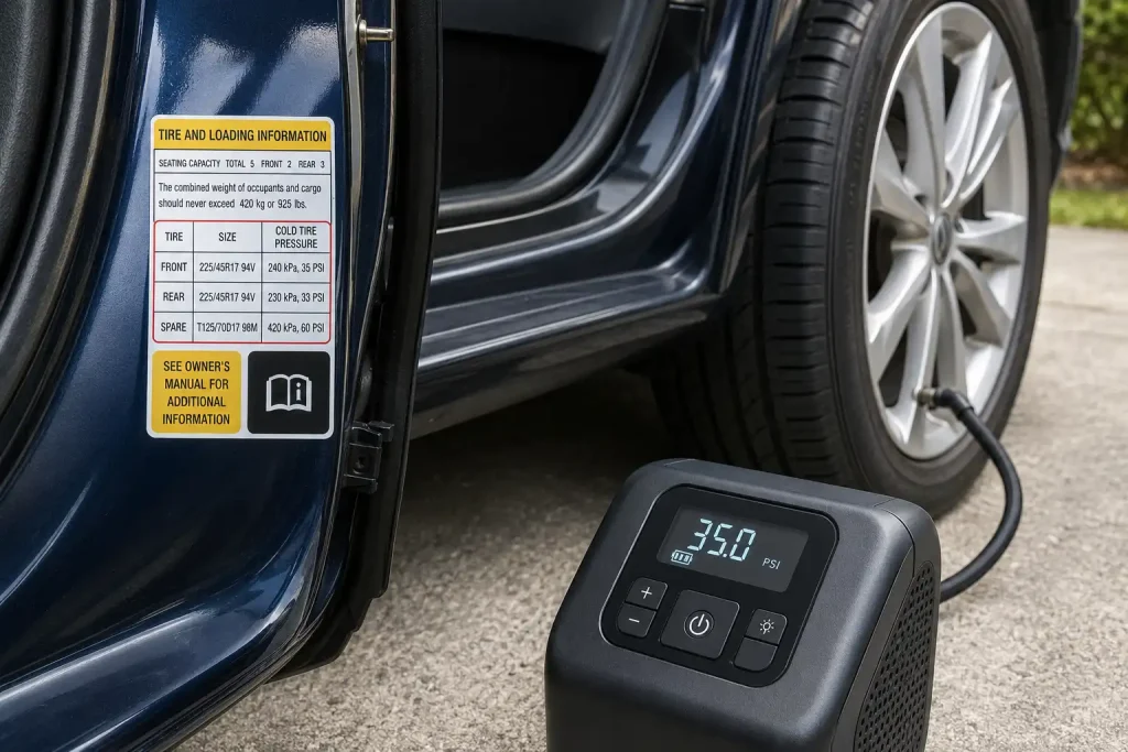 How to check tire pressure with tire inflator using the driver door PSI label