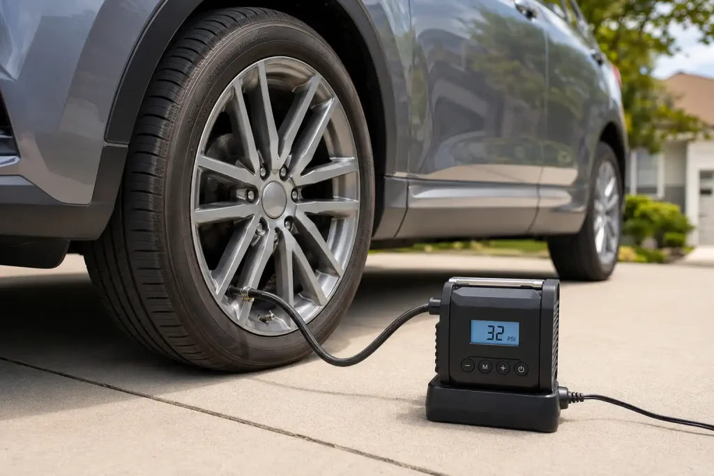 Portable tire inflator showing how long a tire inflator takes to fill a car tire