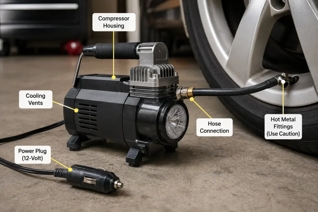 How long can a tire inflator run before the motor and hose overheat