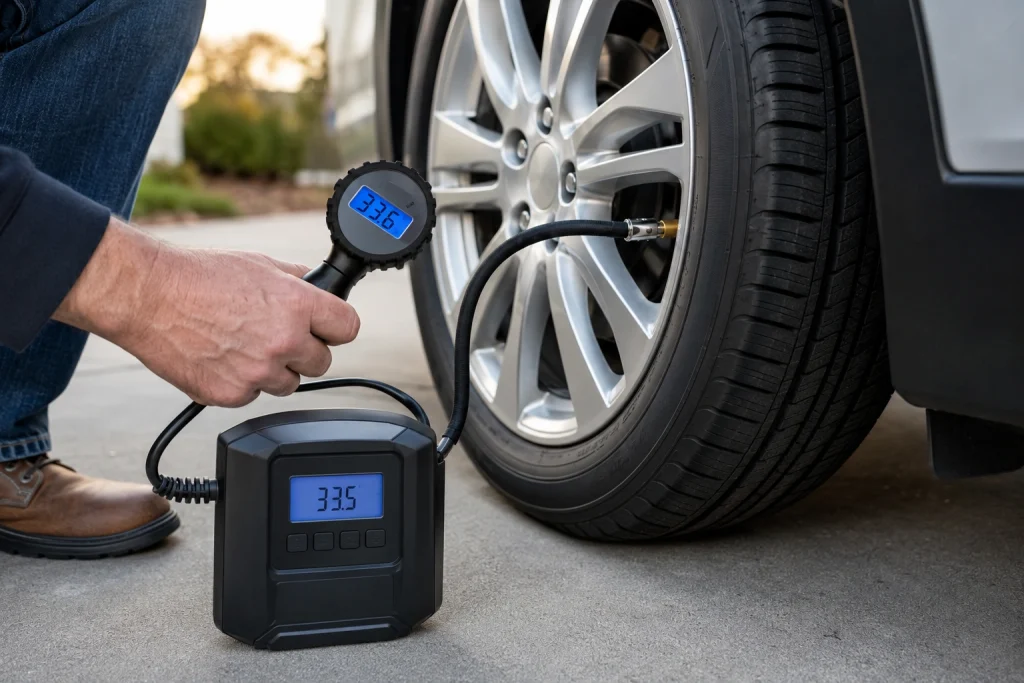 Checking portable tire inflator PSI accuracy with a digital pressure gauge