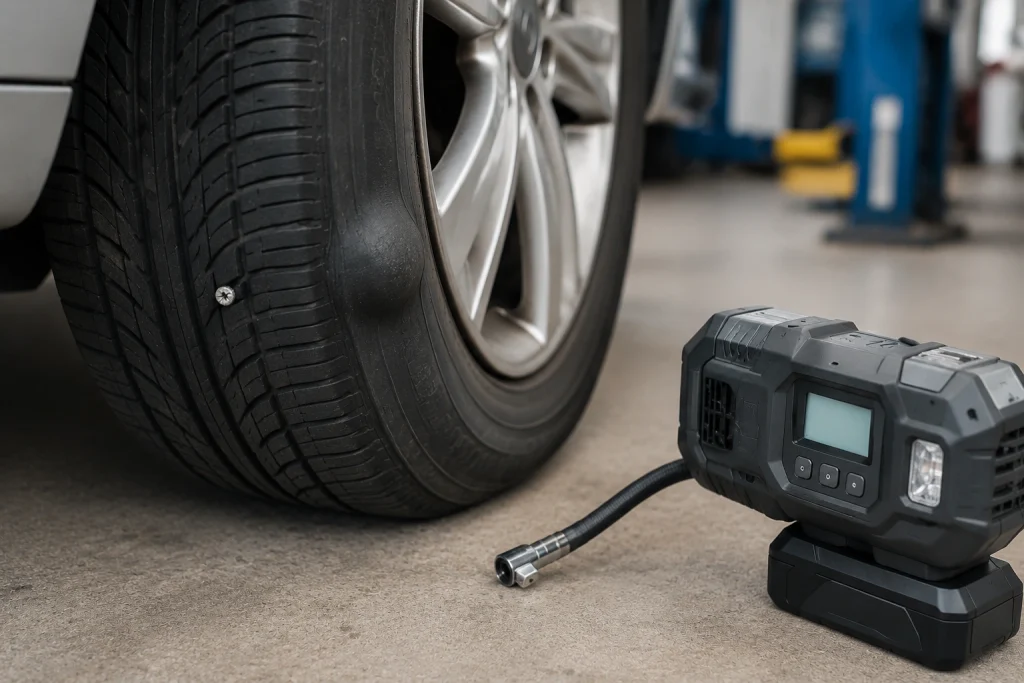 Damaged car tire beside cordless tire inflator