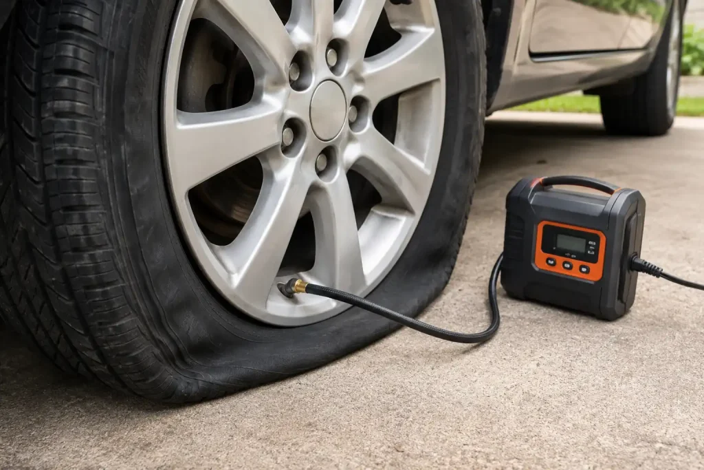 Inspection before using a tire inflator to fill a completely flat tire