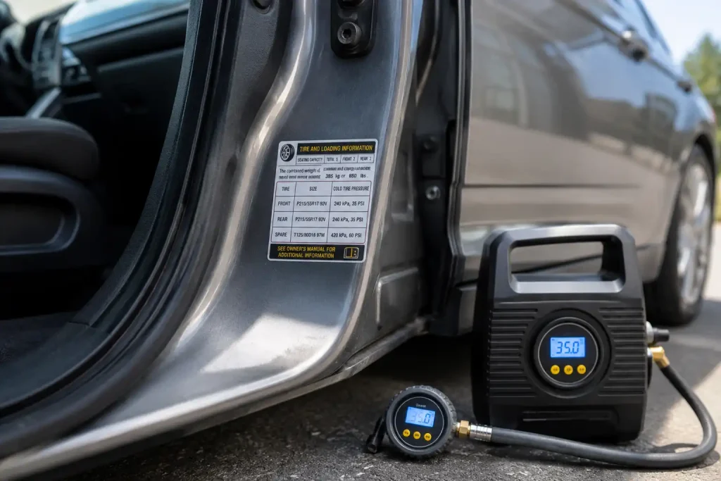 Vehicle door placard showing correct tire pressure for <a href=