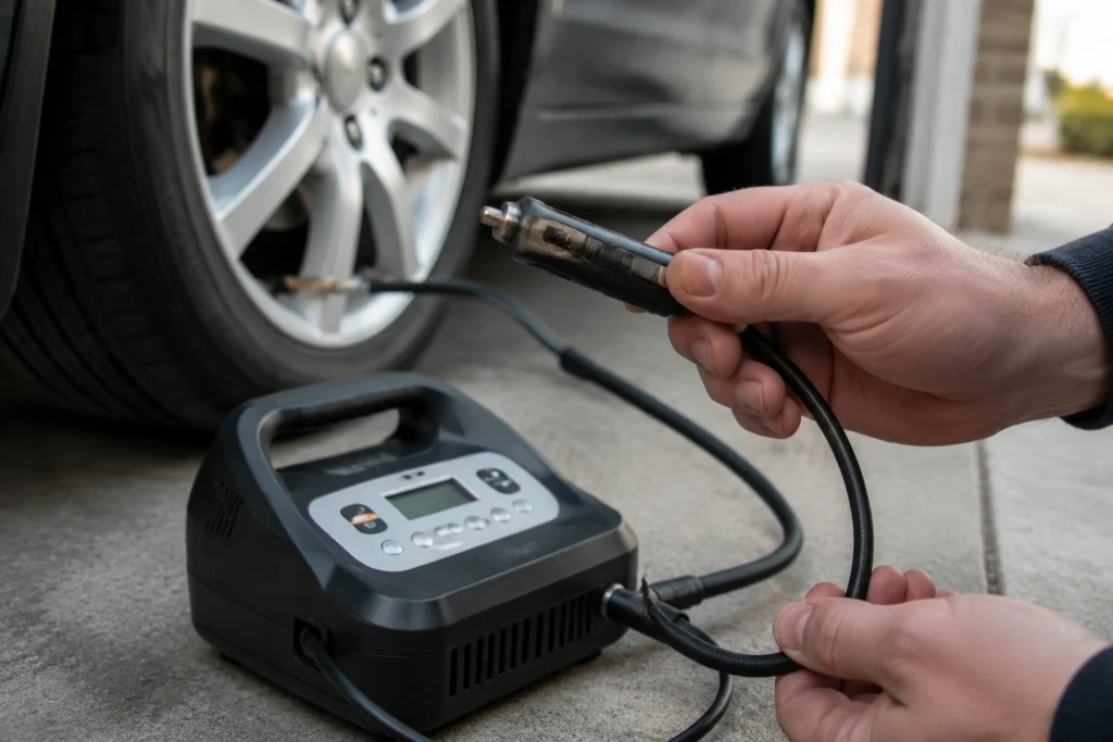  Unsafe damaged 12V tire inflator power plug and hose