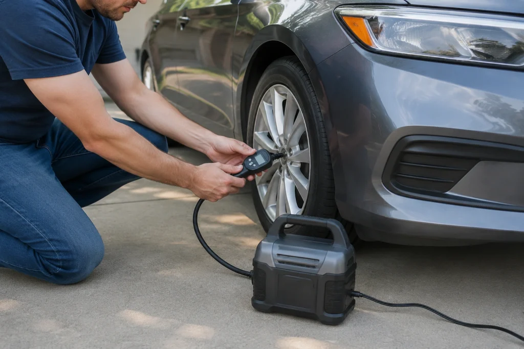How to read a tire pressure gauge while using a portable tire inflator