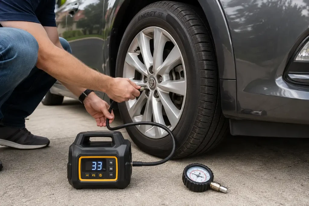 Using a portable tire inflator to set correct car tire PSI