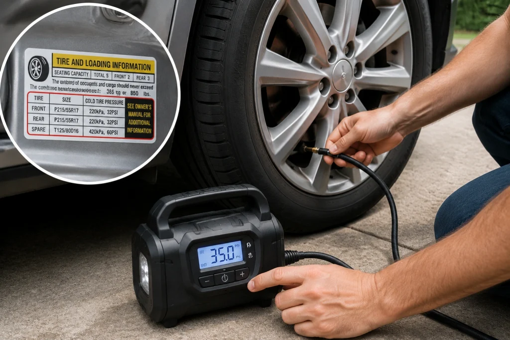 Safely using a portable tire inflator at the correct PSI
