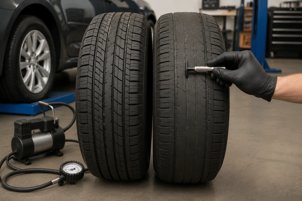 Overinflated tire center wear compared with properly inflated tire