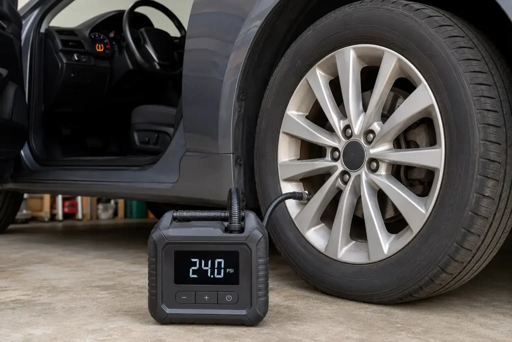Checking low tire pressure with tire inflator after TPMS warning light