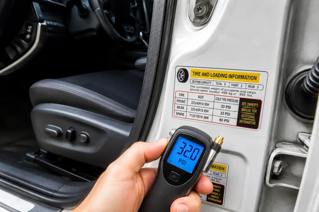 Driver door tire pressure label used before operating a portable tire inflator