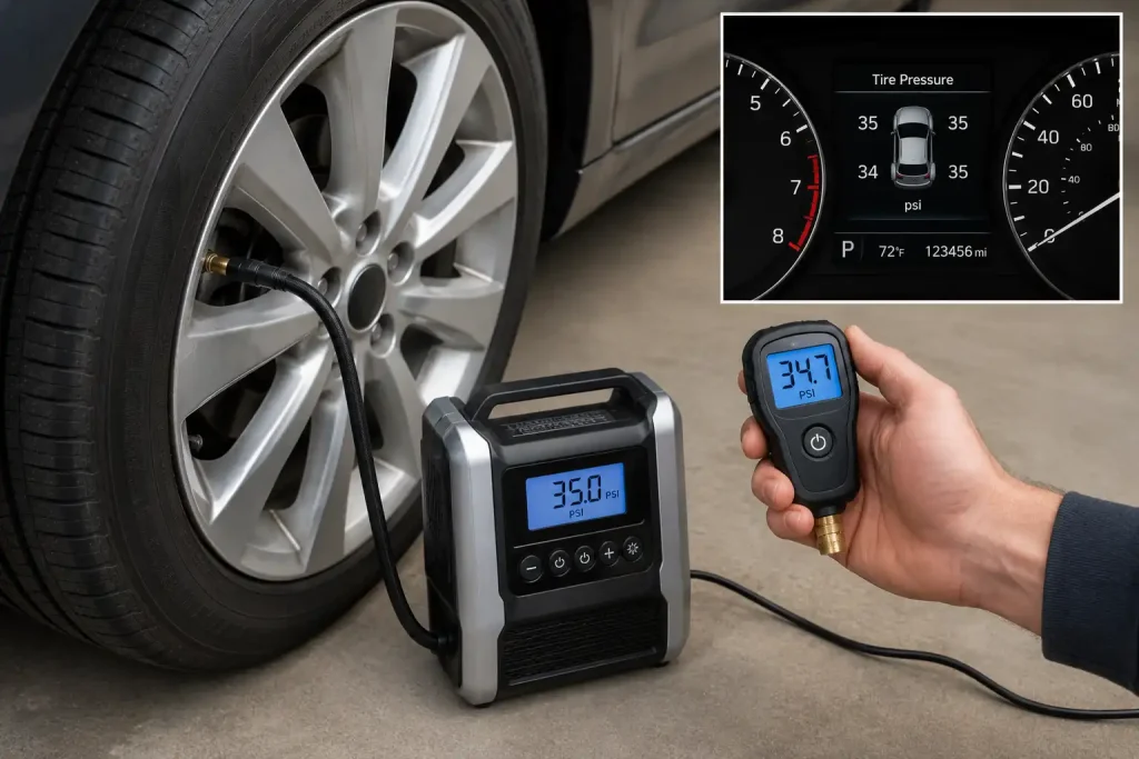 Testing tire inflator gauge accuracy with a reference gauge and TPMS