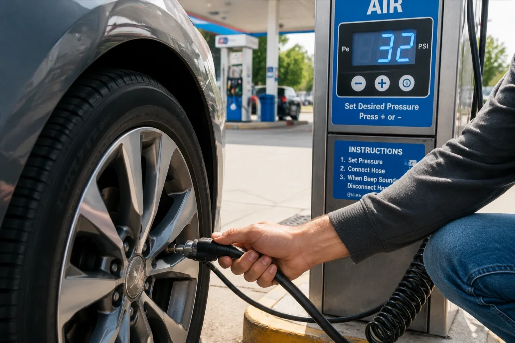 How to use tire inflator at gas station by attaching hose to valve stem
