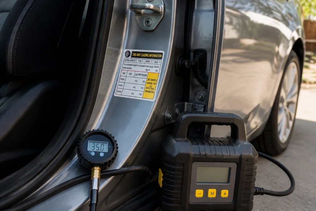 Checking recommended tire pressure before using a portable tire inflator