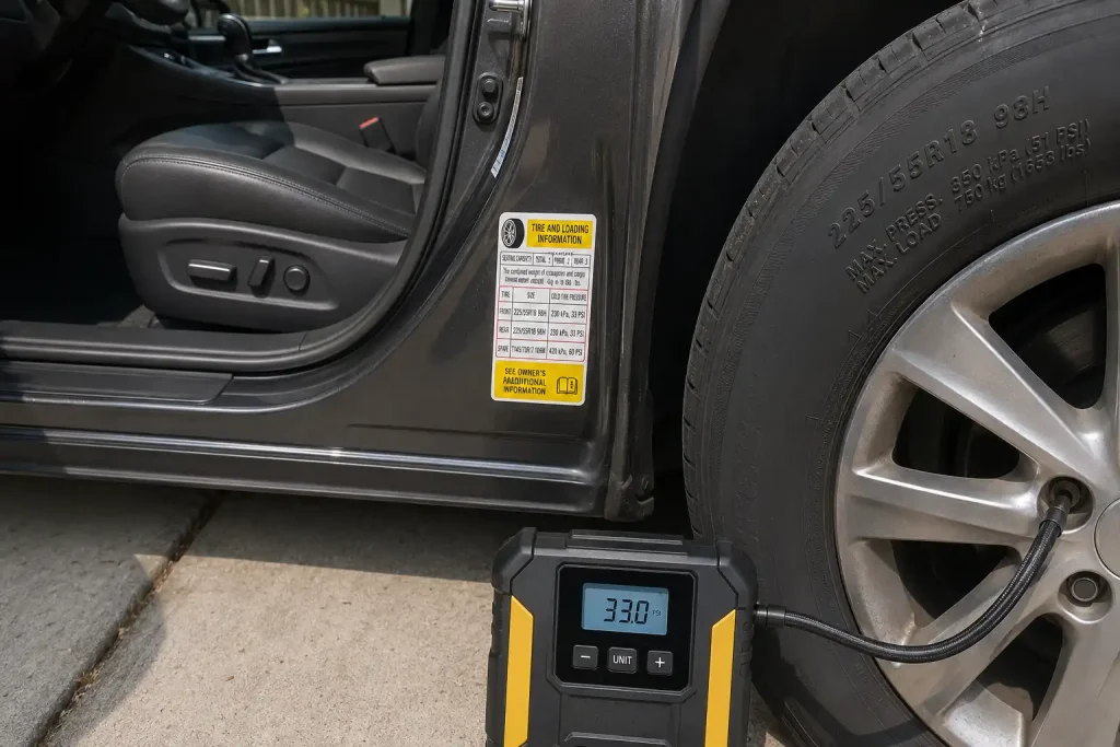 Driver-side door placard showing correct PSI to prevent a tire inflator from overinflating a tire