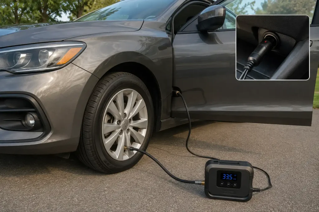 Does a tire inflator drain car battery when used with the engine running outdoors?