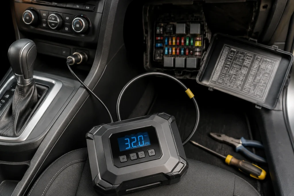 Why is my tire inflator not working due to a blown 12-volt outlet fuse