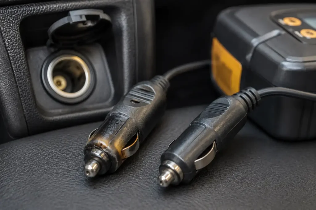 Overheated tire inflator plug caused by leaving tire inflator plugged in or excessive electrical load