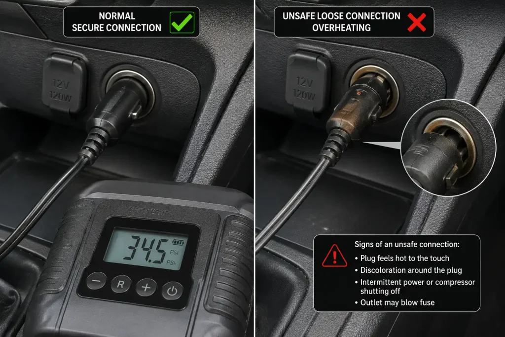 Tire inflator car battery drain and overheated 12-volt power outlet warning signs