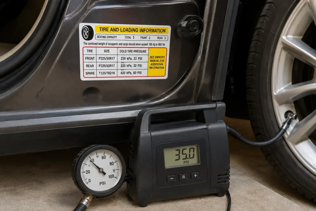 How to inflate car tires at home using the correct door placard PSI
