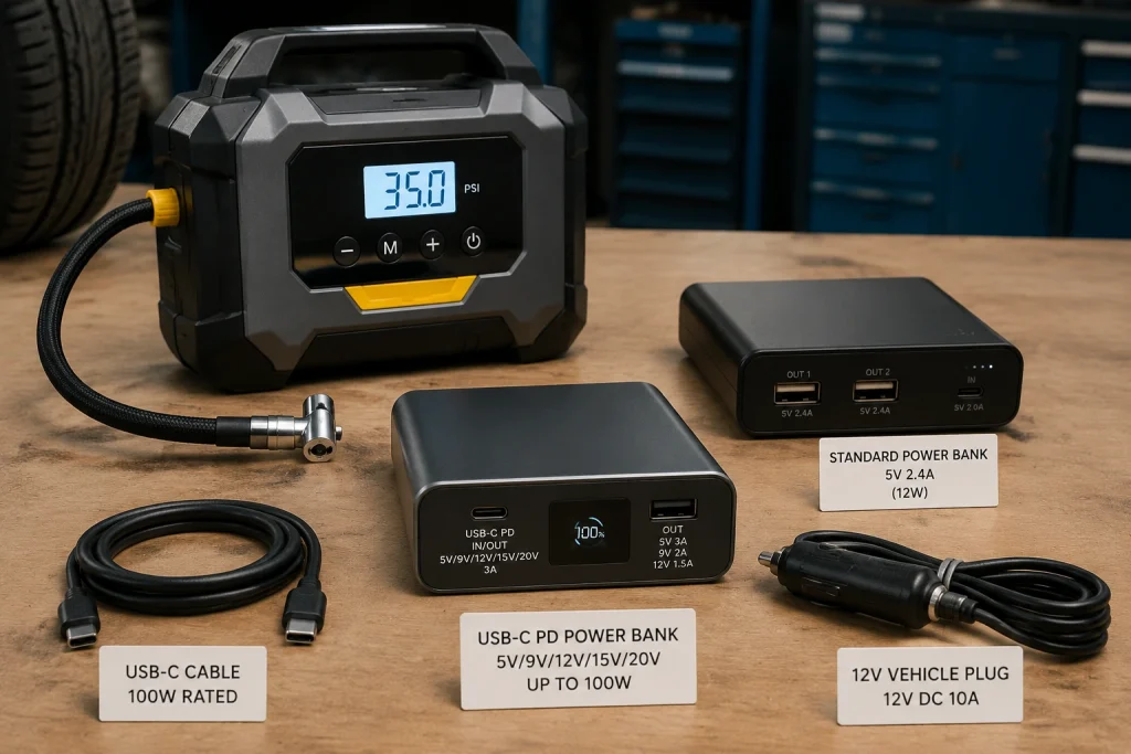 Can portable tire inflator run from power bank using USB-C and 12-volt connectors