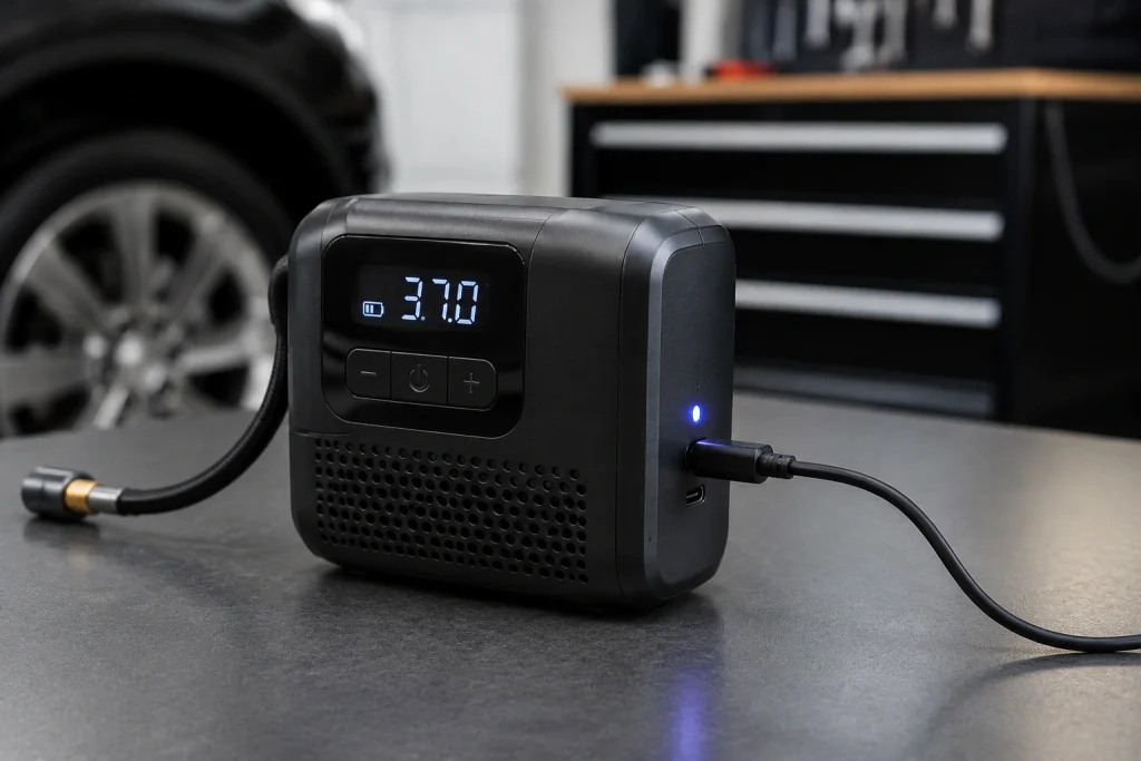 Safely charging a rechargeable portable tire inflator before a road trip
