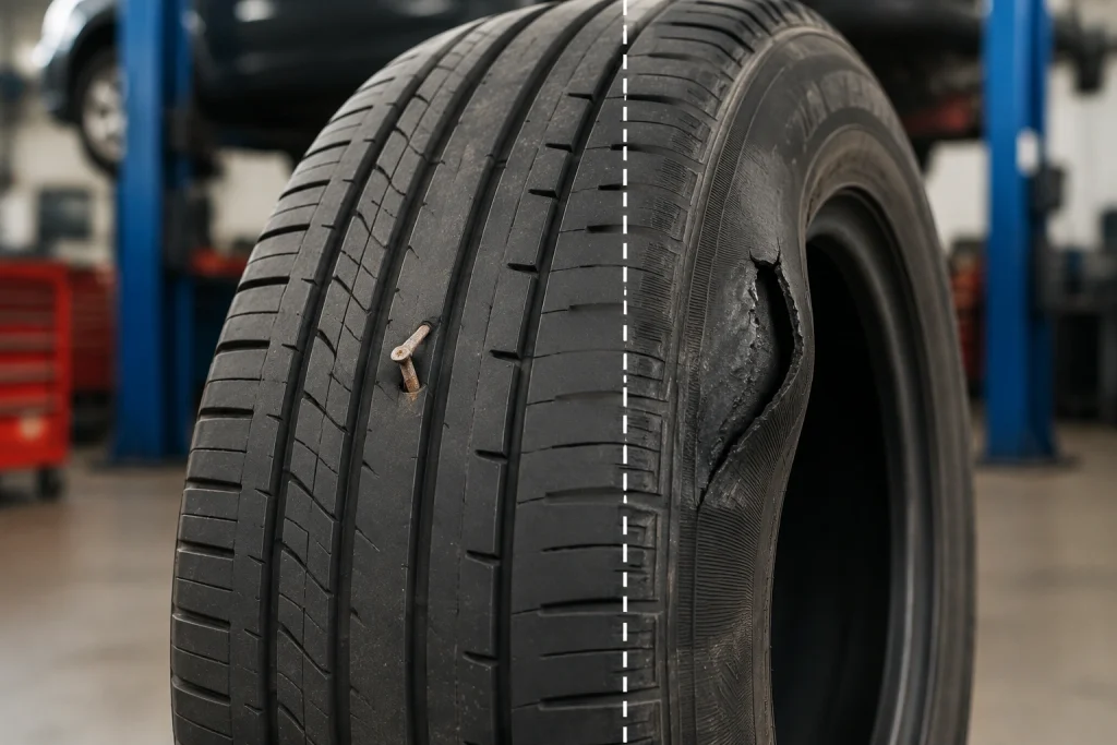  Tire tread puncture and sidewall damage after using a tire inflator