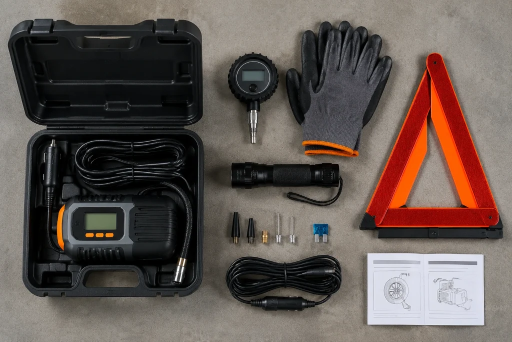 Tire inflator storage kit with gauge, gloves, flashlight, and warning triangle