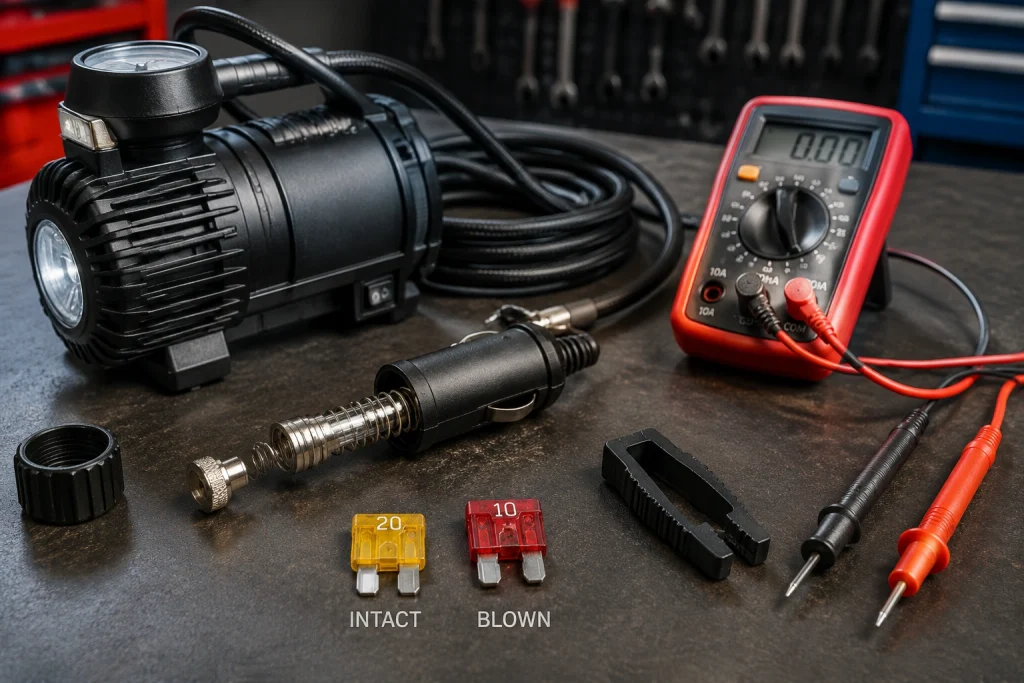 Tire inflator blown fuse and damaged 12-volt plug warning signs
