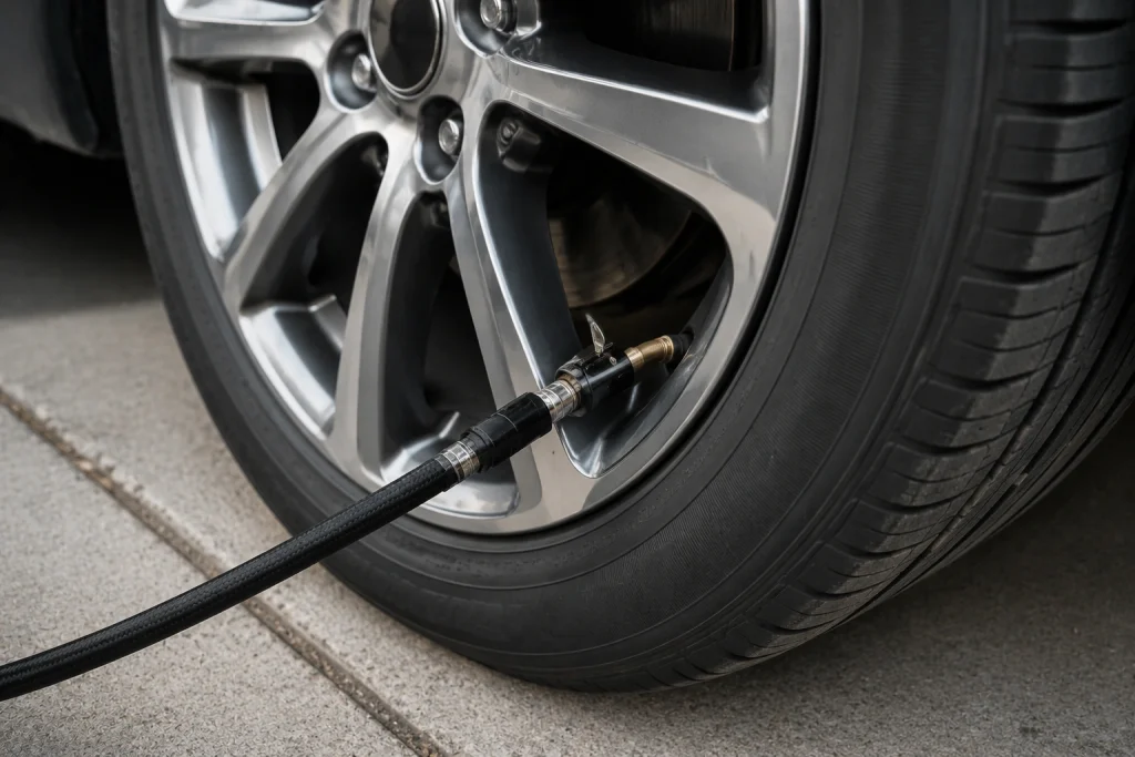 Checking tire valve connection when a tire inflator shuts off