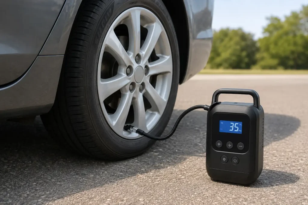 How to use a tire inflator connected correctly to a car tire valve stem