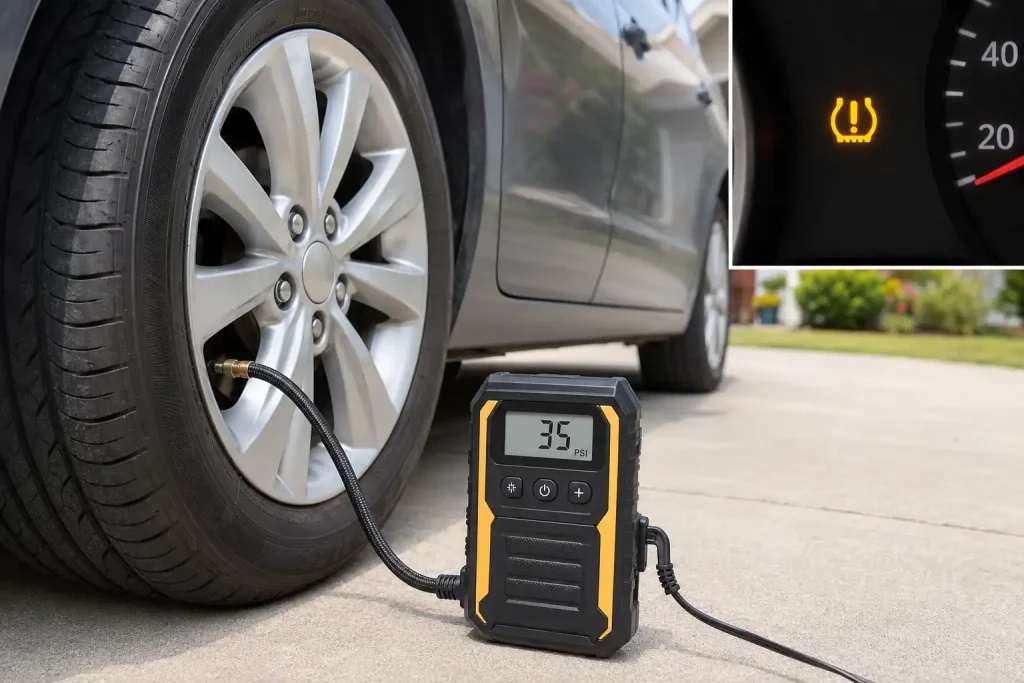 Tire inflator connected to car tire after TPMS warning light