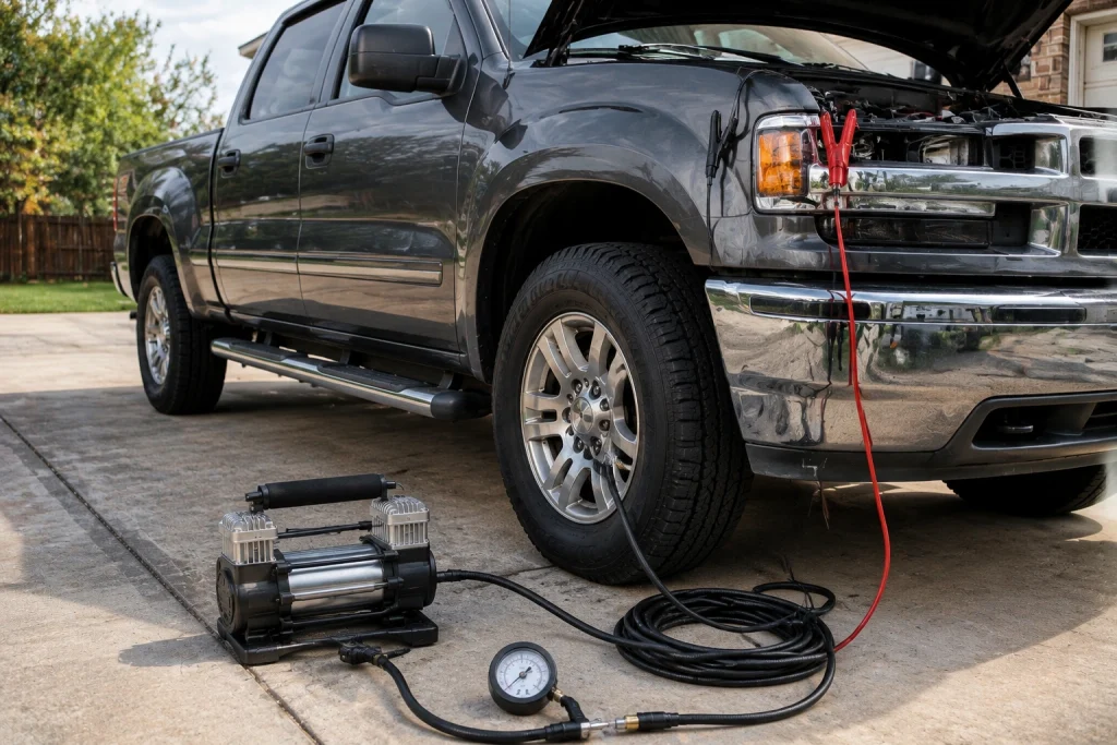 Testing a portable tire inflator for truck with battery clamps and pressure gauge
