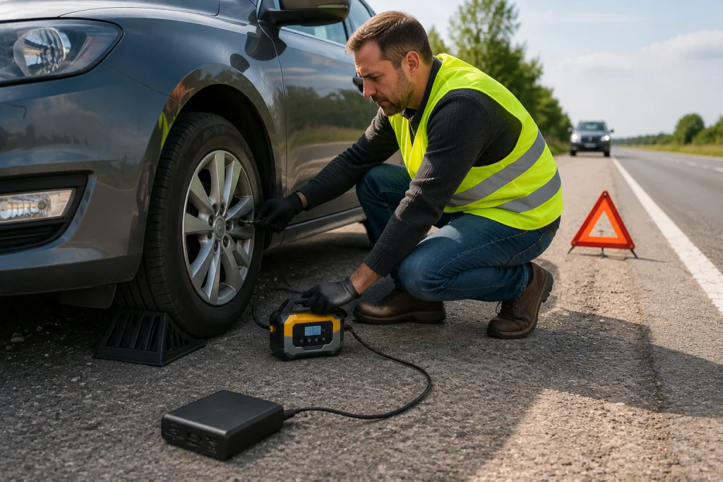 Safely using a portable tire inflator with compatible power bank beside a vehicle